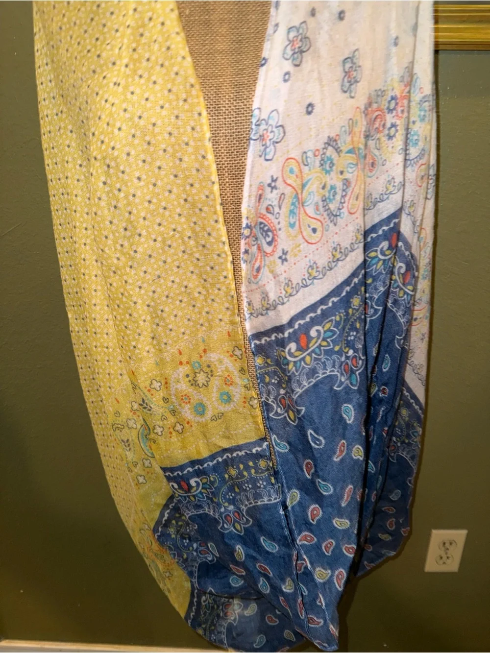 Boho Patchwork infinity Scarf in Yellow, White & Navy